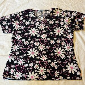 Floral Heart Scrub Top - Black and Pink 
Size Small